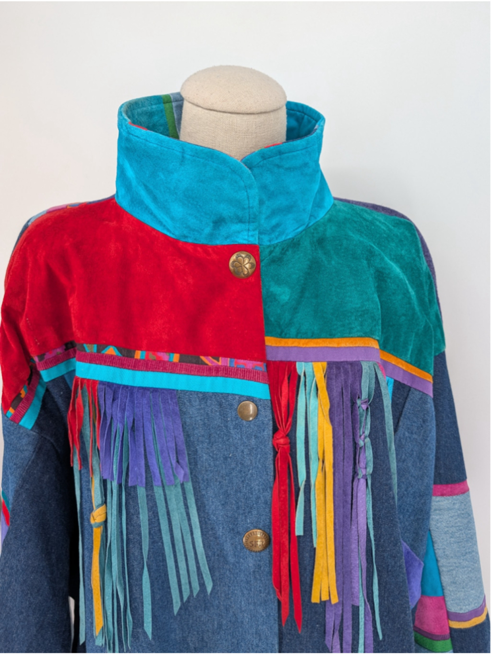 Vtg 90s Santa Fe Re-Creations L Mixed-Media Denim Suede Fringe Patchwork Jacket - Picture 4 of 16